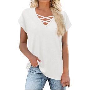 Criss Cross Hollown Out Tops v Deck Dertts for Women Cap Sleeve Tok Basic Basic Tees فضفاضة قميص سترة مريح