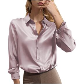Womens Soft Satin Silk Button Down Shirts Silky Long Sleeve Business Office Work Dress Shirt Collared Blouses Tops