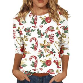Christmas Tshirt,Women's Funny Snowflake Print 3/4 Sleeve Shirt Round Neck Plus Size Festive Top