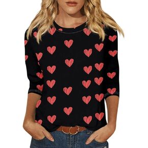 Valentine Shirts for Women,Women's Casual Valentine's Day 3/4 Sleeve Round Neck Loose Love Printed T-Shirt Ladies Top