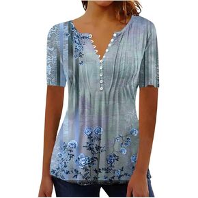 Womens Summer Tops 2025 Trendy V Neck Pleated Short Sleeve Shirts Vintage Floral Dressy Casual Button Tunic Blouses