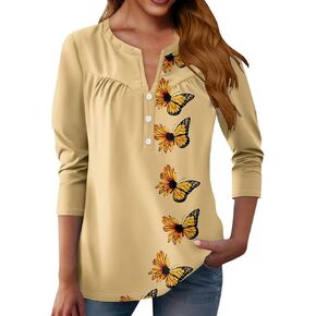 Womens T Shirts 3/4 Length Sleeve Tops Dressy Casual Blouses Spring Summer Outfits Flowy Pleated Front Scooped Neck
