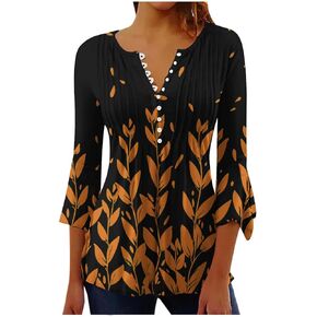 Womens V Neck Tops 3/4 Sleeve Floral Print Tunic Tops Pleated Front Button Down Flare Sleeve Spring Summer Outfits