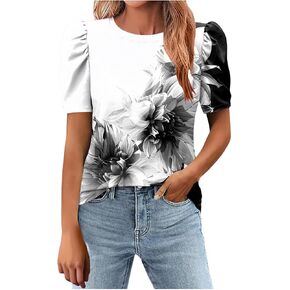 Summer Shirts For Women Trendy Floral Print Puff Short Sleeve Blouses Fashion Crewneck Dressy Casual Tunic Top