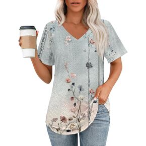 V Neck T Shirts for Women Summer Short Sleeve Casual Floral Mesh Tops Loose Fit Tunics with Curved Hem