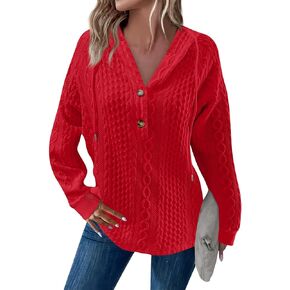 Womens Waffle Knit Hoodies Casual Long Sleeve Button Down Henley Shirts Dressy Casual Colorblock Blouses Tops