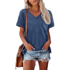 Short Sleeve Shirts for Women Summer V Neck Oversized Tshirts Casual Plain Tunics or Tops Besic Tees with Pocket