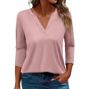 Shirts for Women Trendy 3/4 Length Sleeve V Neck Tops Fall Loose Casual Printed Vacation Blouses Dressy Basic Tees