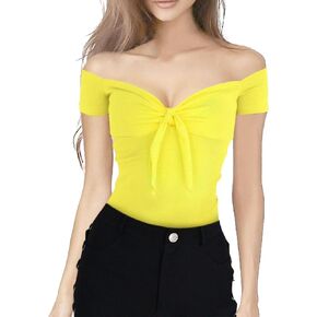 Womens Twist Knot Off Shoulder Tops Cap Sleeve V-Neck Bow Crop T Shirts Solid Color Slim Fit Summer Tops