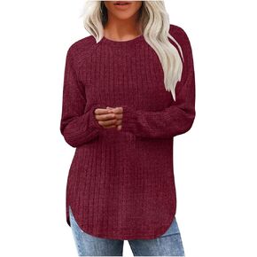 Fall Long Sleeve Shirts for Women Lightweight Tunic Crew Neck Pullover Tops Casual Solid Knit Side Split Sweaters