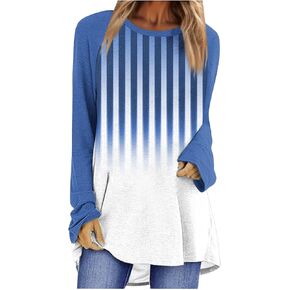 Women Crewneck Sweatshirts Long Sleeve Striped Ombre Color Pullover Plus Size Loose Fit Casual Comfy Fall Tunics Tops