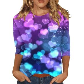 Womens Valentines Day Shirt 2025 Spring Fashion 3/4 Length Sleeve Tunic Tops Casual Crewneck Heart Print Shirt Blouses