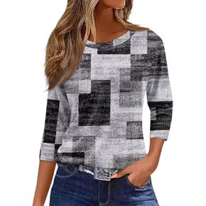 Shirts for Women 3/4 Length Sleeve Crewneck Tops Summer/Fall Loose Business Casual Striped Three Quarter Cute Blouse