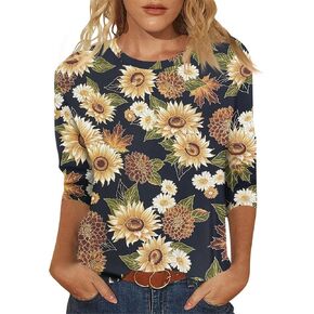 Womens Summer Tops,Women's Loose Casual Floral Print Round Neck Three-Quarter Sleeves