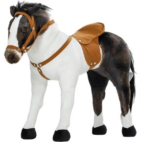 Qaba Ride on Horse for Toddlers 3-8 Years Old, Riding Horse with Neighing Sound, Stuffed Animal Horse Toy for Kids with Padding, Brown