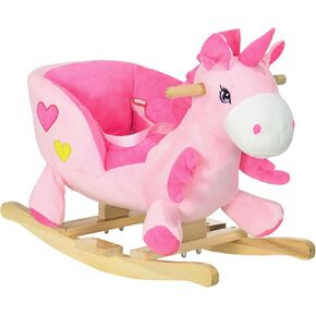 Qaba Baby Rocking Horse ، ركوب على Unicorn مع 32 أغنية ، لعبة Rocker Thordler مع حزام أمان مقعد خشبي من 1.5 إلى 3 سنوات ، وردي
