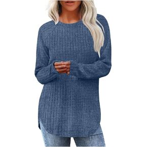 Sweaters for Women Long Sleeve Shirts Loose Fit Crewneck Pullover Tunic Tops Trendy Side Split Curved Hem Sweatshirt