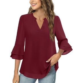 Women's 2024 Dressy Casual V Neck 3/4 Tiered Bell Sleeve Tops Blouses Double Layered Chiffon Comfy Work Tunic Shirts