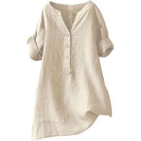 Dressy Blouses Top Stand Solid Color Medium Sleeve Collar Casual Women's Button-Down Shirts Dressy Casual Tunic Tees Linen