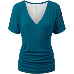 Womens Summer Tops Dressy Casual Wrap V Neck Short Sleeve Ruched Tunics Blouses Sexy Elegant Going out Ladies Tshirts