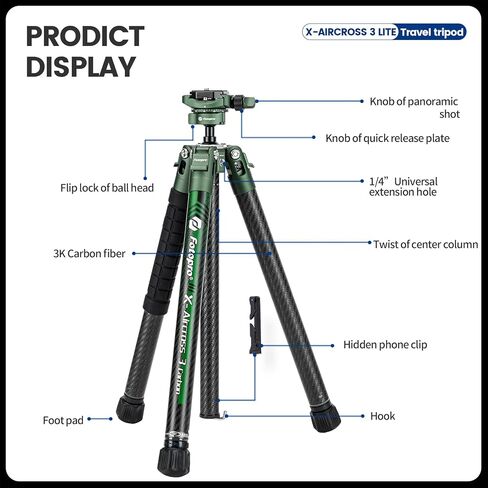 حامل ثلاثي القوائم للسفر من ألياف الكربون من Fotopro X-Aircross 2 مقاس 59 بوصة، لوحة سريعة التحرير برأس سائل بوزن 2.18 رطل، خفيفة الوزن ومحمولة وثابتة، حامل ثلاثي القوائم للسفر لكاميرا DSLR باللون الرمادي in Saudi Arabia