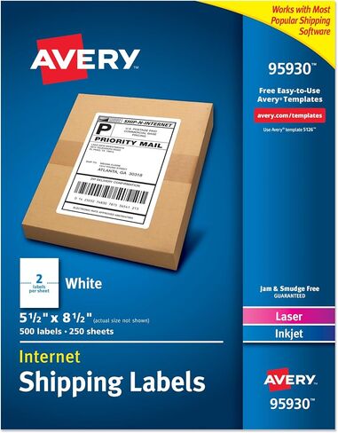ملصقات عنوان الشحن من Avery، طابعات الليزر ونفث الحبر، 500 ملصق، ملصقات نصف ورقة، دائمة، عبوتان (95930) in Saudi Arabia
