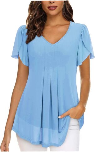 Women Petal Sleeve Dressy Tops Layered Chiffon Blouses Elegant Summer Tunic Top Flowy Shirts Work Outfits in Saudi Arabia