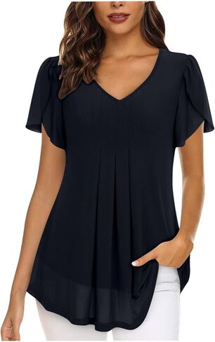 Women Petal Sleeve Dressy Tops Layered Chiffon Blouses Elegant Summer Tunic Top Flowy Shirts Work Outfits in Saudi Arabia