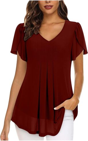 Women Petal Sleeve Dressy Tops Layered Chiffon Blouses Elegant Summer Tunic Top Flowy Shirts Work Outfits in Saudi Arabia
