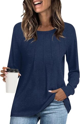 Long Sleeve Shirts for Women Crewneck Pleated Dressy Tops Trendy Tunic Tops Blouses Dressy Casual Oversized Tshirts in Saudi Arabia