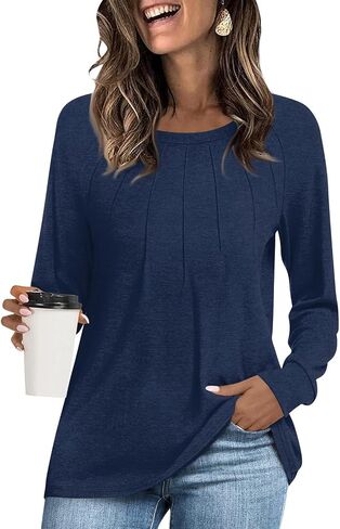 Long Sleeve Shirts for Women Crewneck Pleated Dressy Tops Trendy Tunic Tops Blouses Dressy Casual Oversized Tshirts in Saudi Arabia