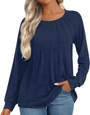Long Sleeve Shirts for Women Crewneck Pleated Dressy Tops Trendy Tunic Tops Blouses Dressy Casual Oversized Tshirts in Saudi Arabia