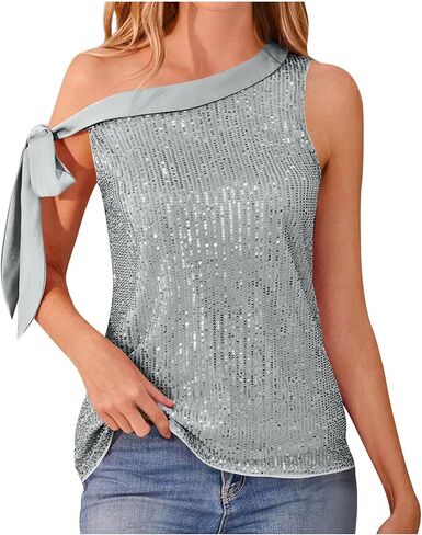 Sparkle Sequin Tops for Women One Shoulder Sexy Shiny Bling Camisole for Glitter Tie Evening Party Sleeveless Blouse in Kuwait