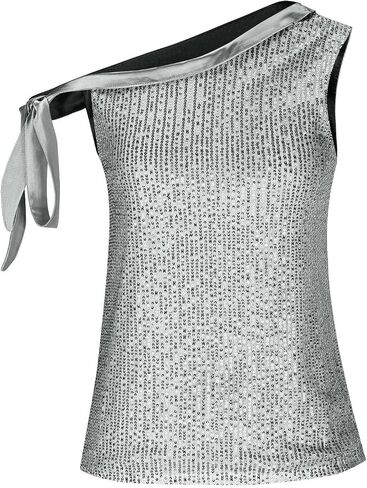 Sparkle Sequin Tops for Women One Shoulder Sexy Shiny Bling Camisole for Glitter Tie Evening Party Sleeveless Blouse in Kuwait