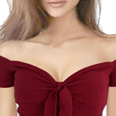 تويست النسائية عقدة قبالة قمم الكتف الغطاء غلاف V-neck القوس محصول T القمصان الصلبة اللون in Kuwait