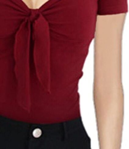 تويست النسائية عقدة قبالة قمم الكتف الغطاء غلاف V-neck القوس محصول T القمصان الصلبة اللون in Kuwait