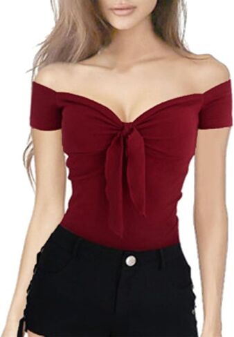 تويست النسائية عقدة قبالة قمم الكتف الغطاء غلاف V-neck القوس محصول T القمصان الصلبة اللون in Kuwait