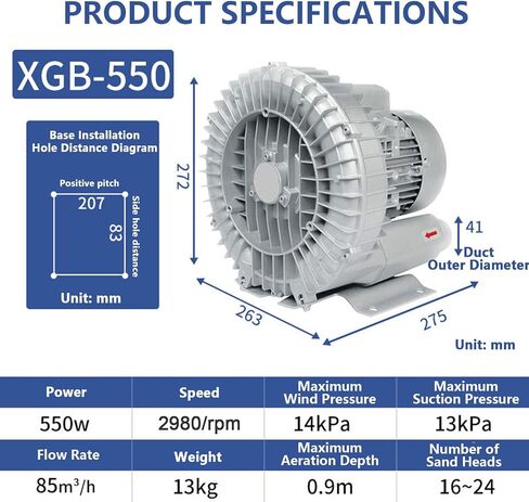 Single Phase Turbine Blower, Regenerative Air Blower, 120w-1100w Optional, 2980 RPM/Min, Maximum Air Volume 210m³/H, with Dust Filter and Aluminum Housing, Blow-Suck Dual-Purpose,550W in Saudi Arabia