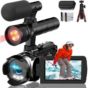 4K Night Vision Camcorder Digital with IR Light,270° YouTube Vlogging Camera Recorder, 20X Digital Zoom, Full HD 3.0‘’ Camcorder with Microphone, with Tripod 2 Batteries