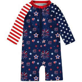 Baby Boy 4th of July Swimsuit - Infant American Flag Swimwear Long Sleeve Rash Guard One Piece Zipper Bathing Suit