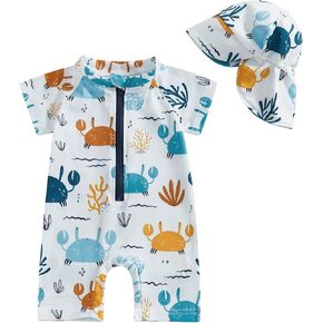 Toddler Baby Boys Girls Swimsuit One-Piece Zipper Rash Guard Swimwear UPF 50+ Sun Protection Bathing Suit with Hat