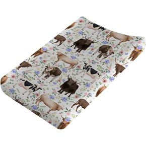 Farmhouse Boho Flowers Cows Changing Pad Cover for Baby Boys Girls, Farm Animals Cow Change Pad Cover Soft Stretchy Diaper Changing Pad Cover - 32x16