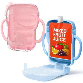 2 Pack Pouch Holder No Squeeze for Baby Food Drink Boxes, Cute Dinosaur Design, Adjustable Juice Box Holder for Toddlers to Self-Feed, Easy to Grip, Squeeze Pouch Holder for Apple Sauce Yogurt
