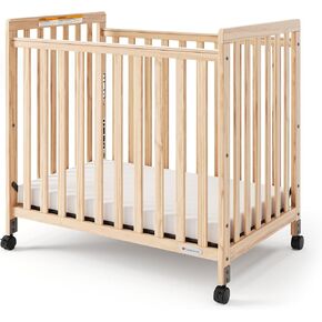 Foundations SafetyCraft Compact Slatted Daycare Crib, Durable Wood Construction, Non-Marking Casters (2 Locking), Includes 3" InfaPure Foam Mattress (Natural)