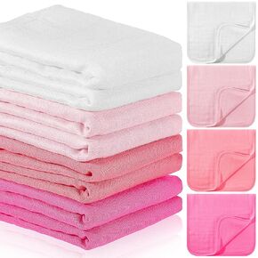 Preboun 8 Count Muslin Burp Cloths 100% Cotton Anti-Shrink 4 Layers Newborn Hand Washcloths for Baby Extra Absorbent and Soft Burp Cloths for Boys Girls Infant Gifts, 10 x 20 Inch(Light Pink Series)