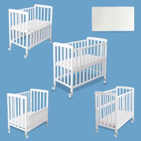 Mini Baby Crib Portable - Baby Cribs 4 in 1 Convertible with Mattress Included,6 Heights Cunas para Bebes,Bedside Mini Crib with Slide Down Side,34x20x35 Inches,White