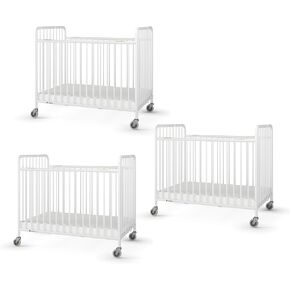 Foundations Stowaway Metal Baby & Toddler Folding Crib, Portable Baby Crib with Foam Mattress and Commercial Grade 3" Casters, Compact for Hotels (White)