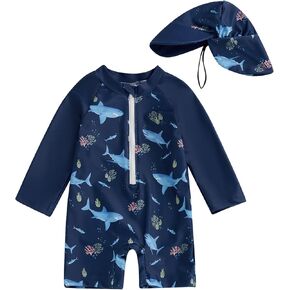 Toddler Boy Swimsuit Long Sleeve Shark Print One Piece Baby Bathing Suit Half Zip Up Rashguard Swimwear Sunsuit