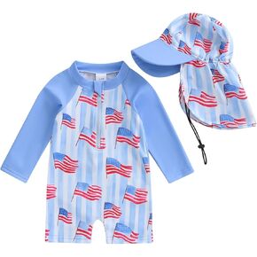 Toddler Baby Boy Swimsuit Kids Rash Guard Sailboat/Flag Print One Piece Beach Bathing Suit 4th of July Swimwear