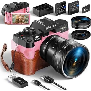 الكاميرا الرقمية للتصوير الفوتوغرافي والفيديو ، كاميرا Vlogging 4K 48 ميجابكسل لـ YouTube مع شاشة 180 درجة ، تكبير رقمي 16x ، زاوية عريضة 52 مم ، عقد وحزام جلدي ، بطاريتين ، بطاقة 32 جيجابايت TF